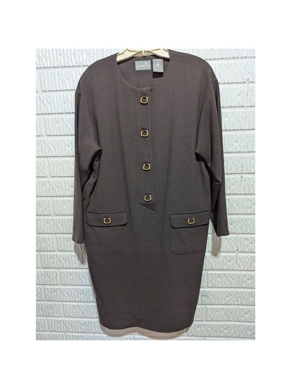 Liz Claiborne Women's Brown Solid Long-Sleeve Gold Trim Wool Dress Size 10P